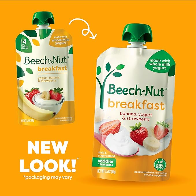 Beech-Nut Toddler Food Breakfast Pouches,Yogurt Banana & Strawberry Puree, 3.5 oz (12 Pack)