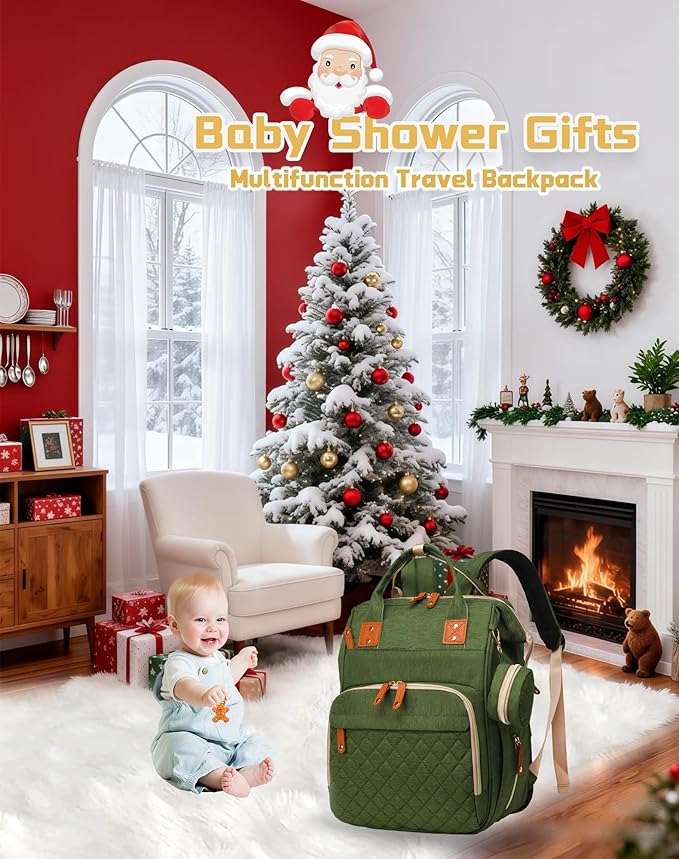 Diaper Bag with Changing Station, Waterproof 3 in 1 Baby Diaper Backpack with Foldable Changing Pad, Large Travel Back Pack for Girl Boy, Green