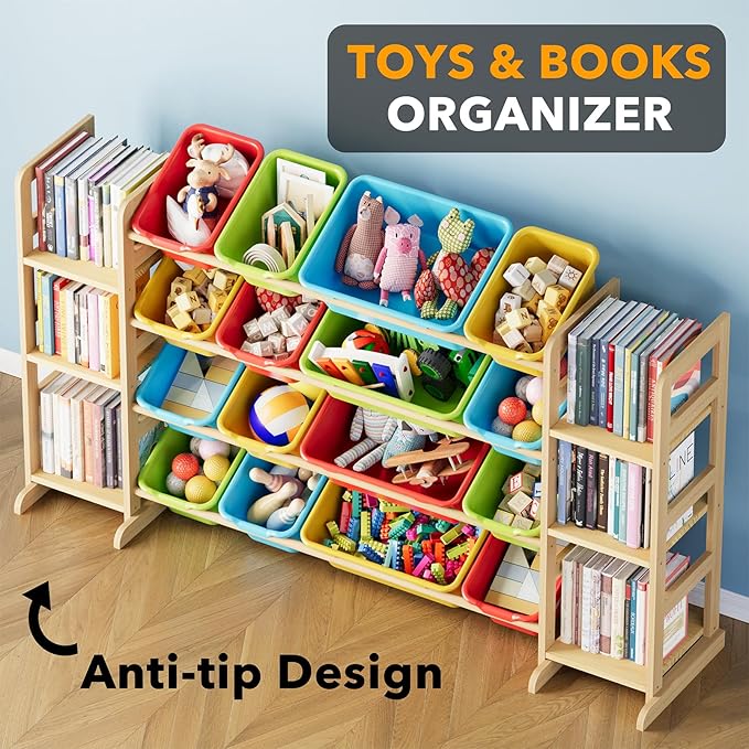 SpaceAid Toy Storage Organizer with 6 Shelves and 16 Bins, Toy Organizers Storage Bookshelf, Kids Bin Shelf Toys Box Bookcase for Bedroom Playroom Organization Room Decor, Multi-Colored