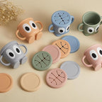 Silicone Snack Cups Food Container for Toddlers and Babies, Spill Proof Training Cup with Snack Cup Lid & Dust Proof Lid, Comes with a toy strap, Without BPA, Lead, or Phthalates（Gray & Beige）