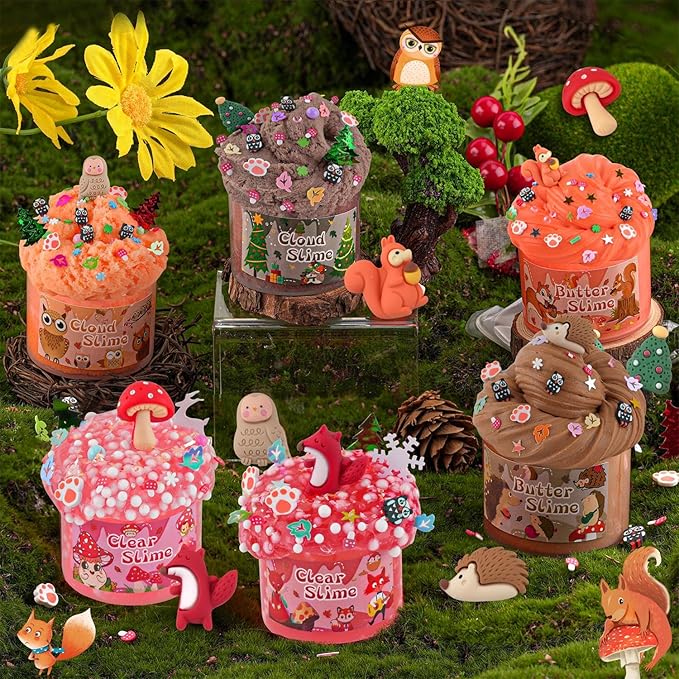 LAWOHO 6 Packs Forest Slime Kit - Clear, Butter, Cloud Slime Making Kit, Slimes for Kids with Animal Add-ins, 360ml Slimes Kits for Boys & Girls Birthday Halloween Christmas Easter Gifts Party Favors