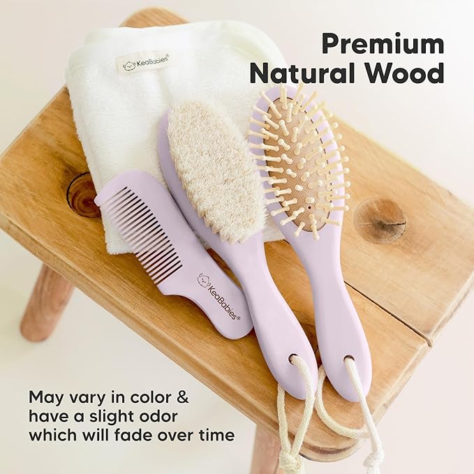 Wooden Baby Hair Brush - Cradle Cap Baby Brush with Soft Goat Bristles, Perfect Gentle Scalp Newborn Comb for Infant, Girls, Boys, Bath Essentials (Thistle, Oval)