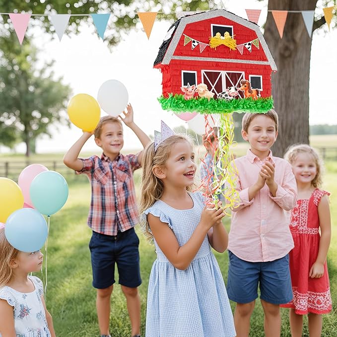 WERNNSAI Red Farm Animal Piñata - Farm Baby Shower Decorations Animal Pinata Party Game for Kids Birthday Celebrations Milk Farm Party Favor Supply with Bat Blindfold