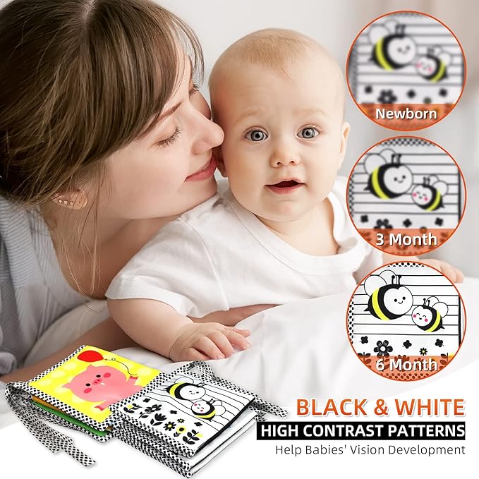 OKOOKO Black and White High Contrast Soft Baby Books 2PCS Washable Tummy Time Toy Crib Stroller Toy Montessori Sensory Toy Early Education for Newborn Baby Infant 0-6 6-12 Months