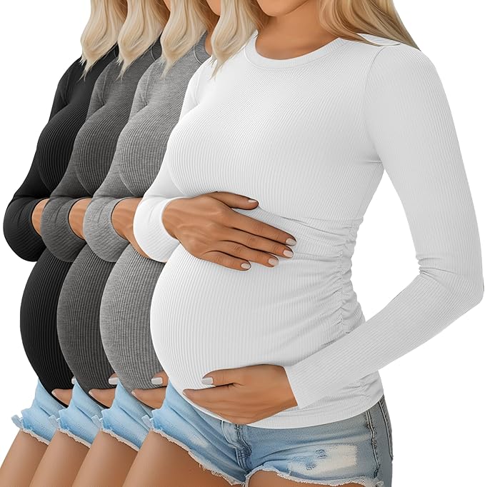 Ficerd 4 Pack Women's Maternity Shirts Cotton Long Sleeve Ribbed Crew Neck Pregnancy Tops Side Ruched Casual Mama Clothes