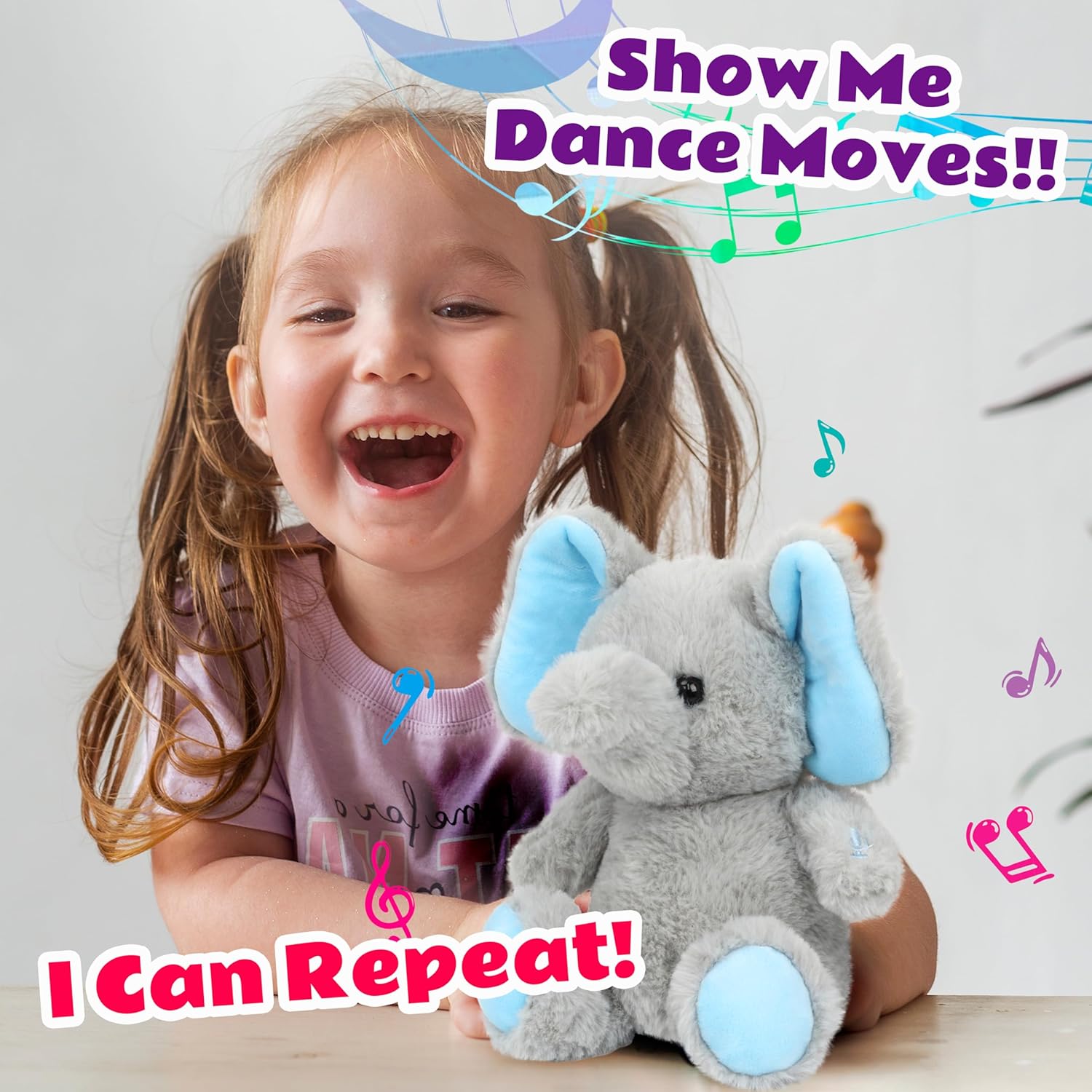 Cuteoy Talking Elephant Repeat What You Say Musical Stuffed Animal Shaking Singing Plush Toy Electric Interactive Animated Plushies Gifts for Kids Girls Boys