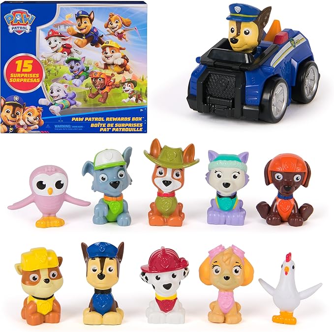 Paw Patrol Rewards Box, 8 Mini Figures, 2 Animal Figures, 4 Sticker Sheets & 1 Pup Squad Racer, Kids Toys for Boys & Girls Ages 3 and Up