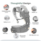 FRUITEAM 6-in-1 Baby Carrier with Waist Stool/Hip Seat for Breastfeeding, One Size Fits All - Adapt to Newborn, Infant & Toddler (Greyish)