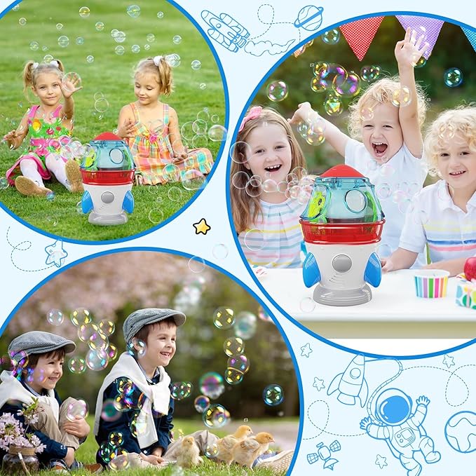 Rocket-Shaped Bubble Machine for Kids & Pets - Dual Powerful Bubble Outlets, Automatic 360° Rotation, Adjustable LED Lights & Music – Ideal for Indoor/Outdoor Birthday Parties