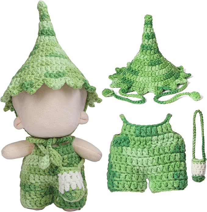Clothes for 17cm Doll - Handmade Crochet Elf Clothing Accessories with Jumpsuit and hat and Crossbody Bag Compatible 15cm ＆ 17cm Dolls Dress Up (Green)