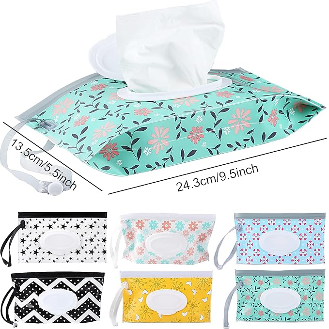FEBSNOW 6 Pack Baby Wipes Dispenser, Portable Refillable Wipe Holder, Baby Wipes Container, Reusable Wipes Case, Baby Travel Wet Wipes Pouch