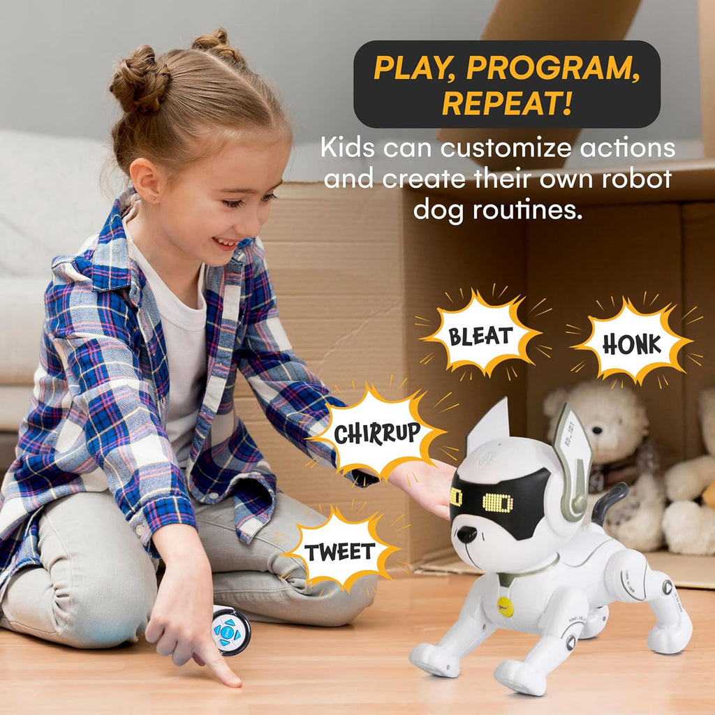 Top Race Robot Dog - Interactive Rechargeable RC Dog Toy for Kids with Gesture Sensing, Adventure Mode, Programming Tricks, STEM Learning - Robotic Pet for Ages 8-12 - White