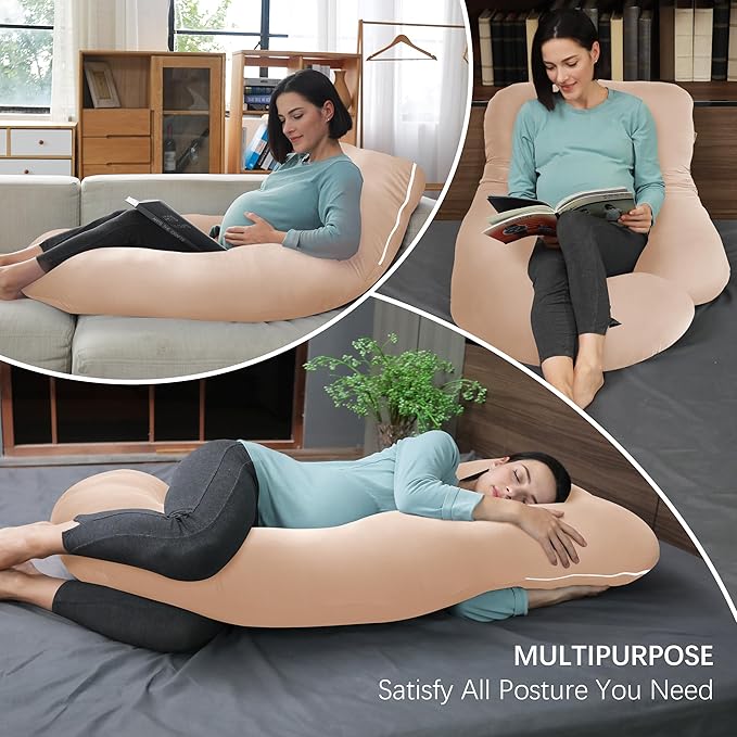 MOON PARK Pregnancy Pillows for Sleeping - U Shaped Full Body Maternity Pillow with Removable Cover - Support for Back, Legs, Belly, HIPS - 65 Inch - Brown - Cooling Cover