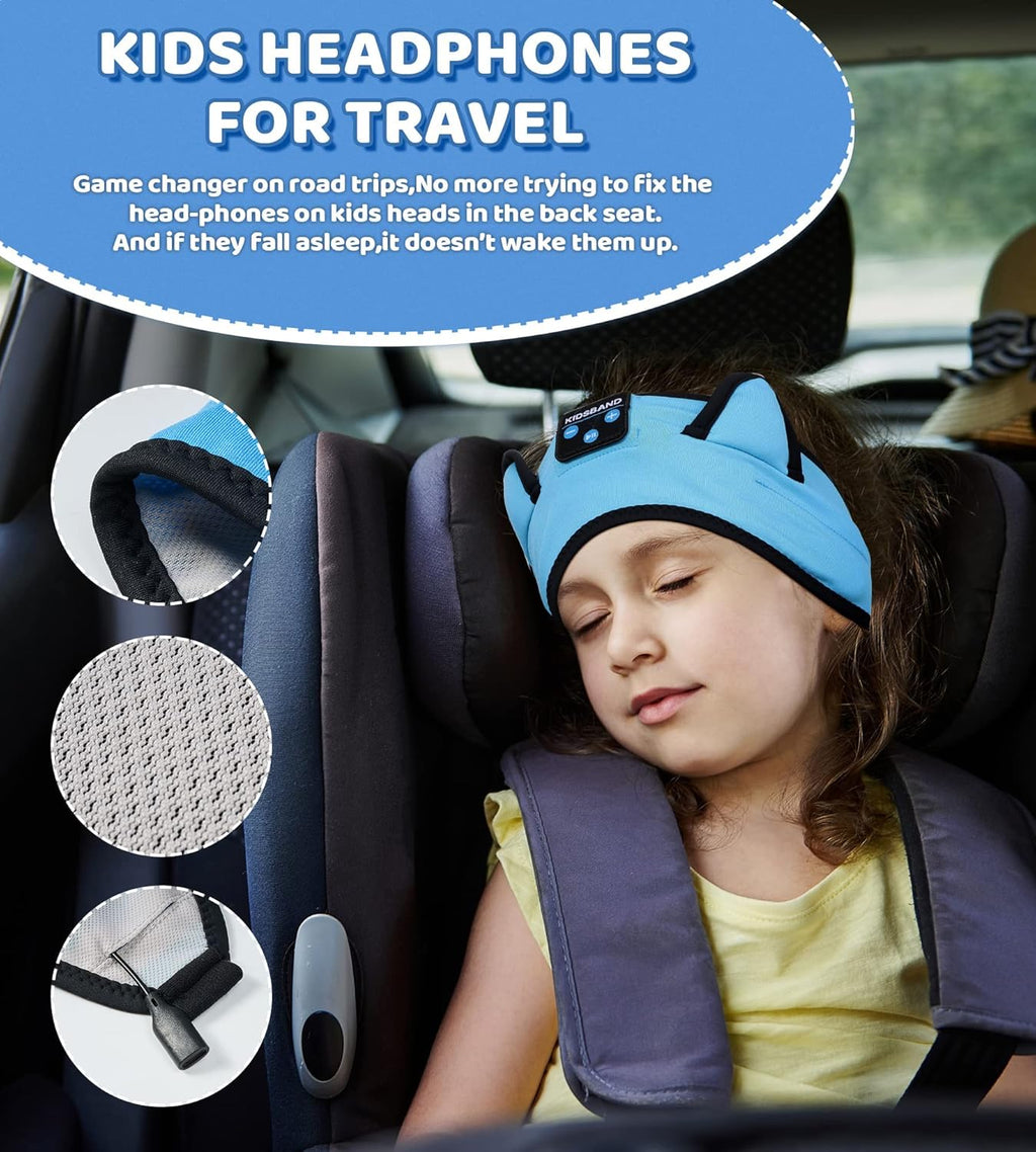 KIDSBAND Kids Headphones Bluetooth Headband Adjustable, Wireless Sleep Headphones for Kids with Wired Playback 3.5 MM Jack for Teens/Boys/Girls/Smartphones/School/Kindle/Airplane Travel/Plane/Tablet