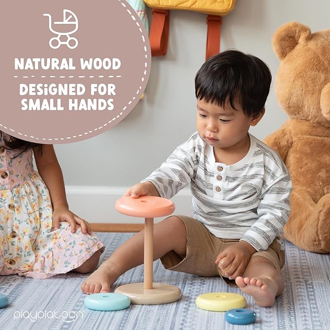 Play Platoon Wooden Rainbow Stacking Toy Ring Stacker, Educational Interactive Learning Toys, Create Stacks of Circles for Kids, Babies, Toddlers and Children