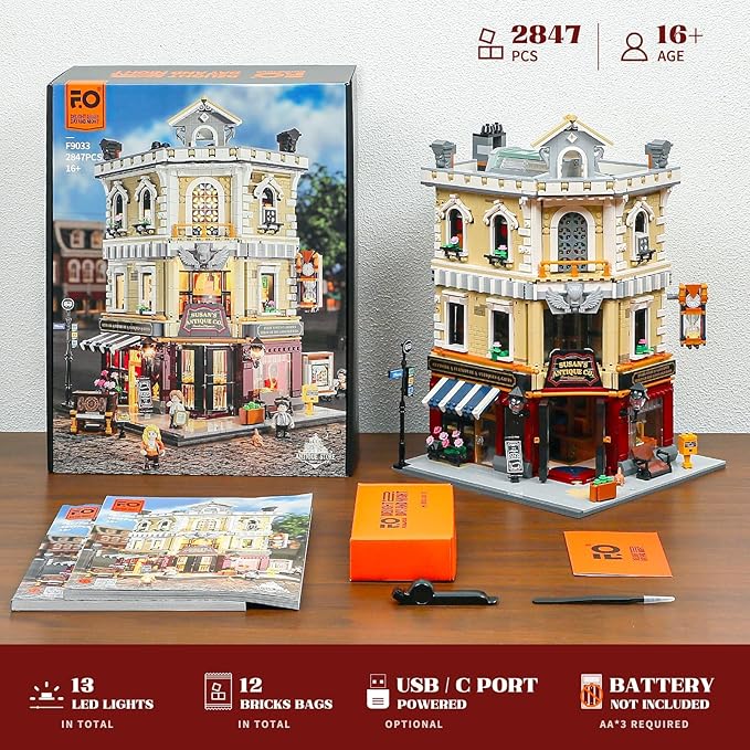 Funwhole Antique-Store Lighting Building-Bricks Set - City Town Corner Collectibles Shop LED Light Modular Building Model Set 2847 Pcs for Adults and Teen