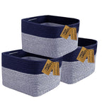 COMFY-HOMI 3PACK Rectangular Cotton Rope Basket With Handles for Shelves|Dog Toy|Baby Gift - Dark Blue (13.5" x 11" x 9.5")