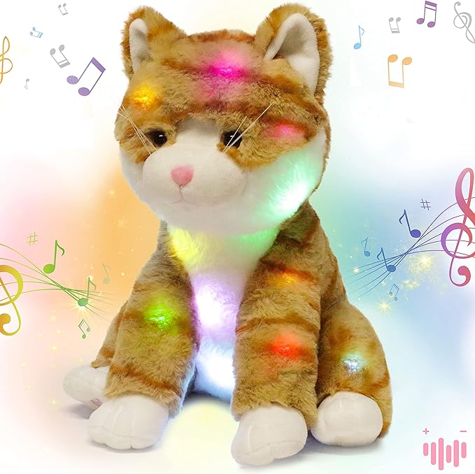 Hopearl LED Musical Stuffed Kitty Lighting Up Singing Plush Cat Adjustable Volume Lullaby Animated Soothe Birthday Festival for Kids Toddler Girls, Orange, 12.5''