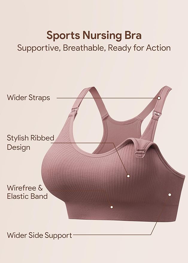 Angelhood Nursing Bras for Breastfeeding, Ribbed Nursing Sports Bra Yoga Maternity Bras Pregnancy Sleep Bralette