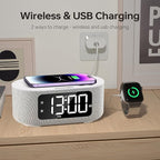 JALL Fabric Alarm Clock for Bedroom, with Big Led Screen Display, Bluetooth Stereo Sound Speaker, FM Radio, Fast Wireless Charging, USB Charging Port, Nightlight, White Noise, Ideal for Gift, Gray