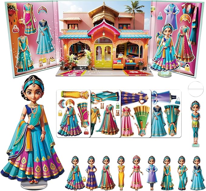 Yuzee Paper Dolls Stickers - Magnetic Dress Up Dolls for Girls - Toddler Travel Toys - 1 Paper Doll and 33 Clothing Accessories with 3D Magnetic Game Scene, Foster Creativity and Imagination