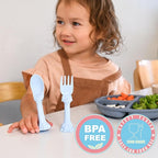 Made in USA Spoon la la Toddler Utensils Set - 6 Pack (3 Spoons & 3 Forks for Kids) - Self-Standing 3D Ergonomic Cat & Dog Handles - BPA-free, Dishwasher Safe, Baby Silverware (Blue, Pink, Mint)