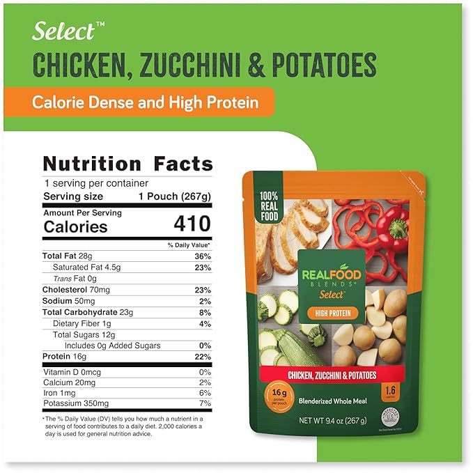 Real Food Blends Select Chicken, Zucchini & Potatoes – Pureed Food Meal for Feeding Tubes, 9.4 oz Pouch (Pack of 12 Pouches)