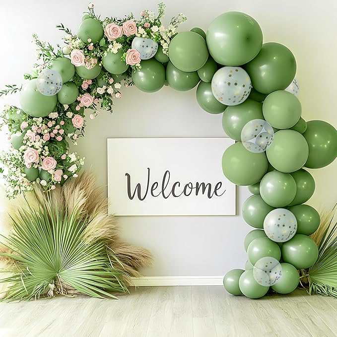 JOYIN 150 Pcs Sage Green Balloons, Different Sizes 18 12 10 5 Inch Sage Green Latex Balloon Arch Kit with Instruction for Birthday Party Graduation Wedding Holiday Decoration