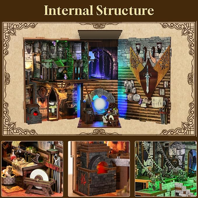 Book Nook Kit, DIY Dollhouse Booknook, Miniature Kit for Bookshelf Insert Decor Crafts for Adults Teen Halloween, 3D Wooden Puzzle with Led Light (Blade and Magic)