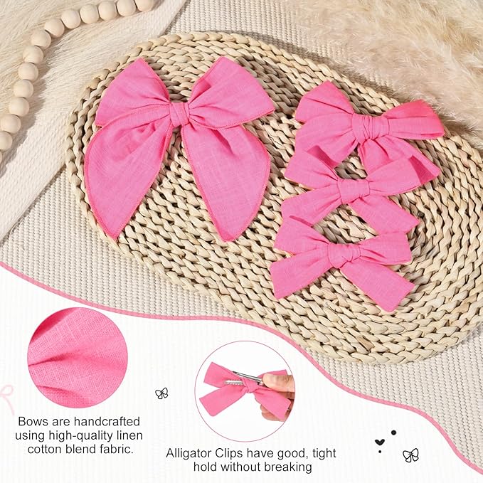 DEEKA 4 PCS Hot Pink Cotton Linen Hair Bows 3 Styles 5" & 4" Handmade Hair Bow set for Toddler Girls Alligator Hair Clips Knot Bows Hair Accessories for Little School Girls (Hot Pink)