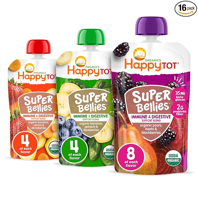 HAPPYTOT Organics Stage 4 Baby Food Pouches, Gluten Free, Vegan Snack, Super Bellies, Fruit & Veggie Puree, Variety Pack, 4 Ounce (Pack of 16), Amazon Exclusive
