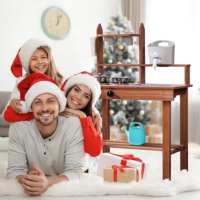 ROBOTIME Mud Kitchen for Kids Outdoor, Wooden Kids Kitchen Playset, Outdoor Play Kitchen with Removable Sink, Faucet, Cooking Accessories, Stove, Fun Backyard Outdoor Kitchen for Boys Girls 3+