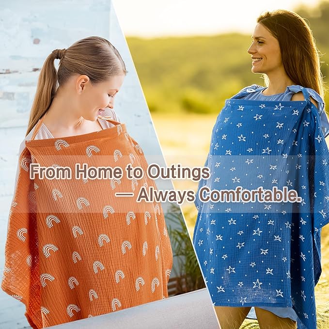 2 Pack Nursing Covers 100% Cotton Breastfeeding Cover Privacy Muslin Large Nursing Scarf Gift Set (Starry Rainbow Gradient)