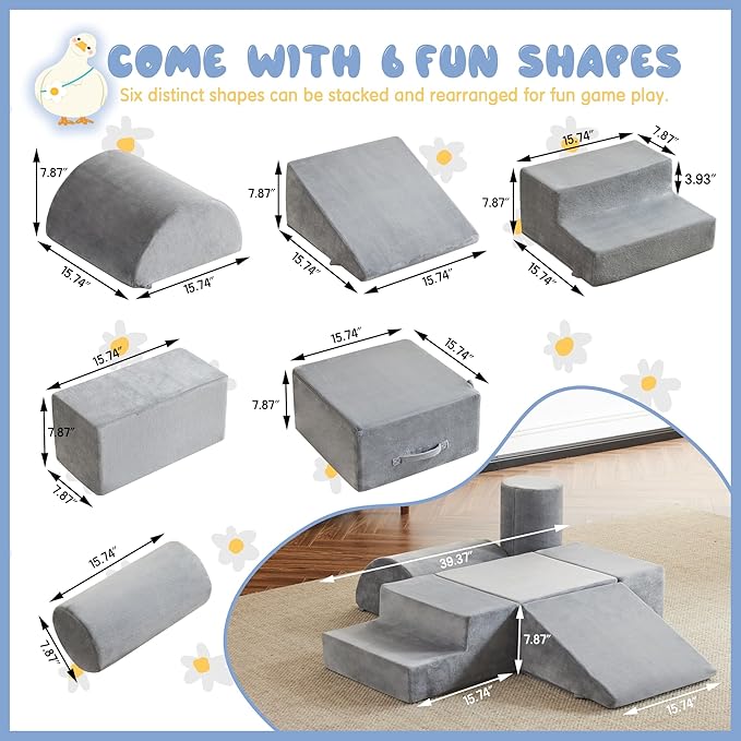 jela Foam Blocks 6Pcs Soft Play Equipment Soft Velvet, Toddler Climbing Toys Indoor Soft Play Climbing for Toddlers, Lightweight Climbing Blocks for Babies, Kids, Climb and Crawl Foam Playset