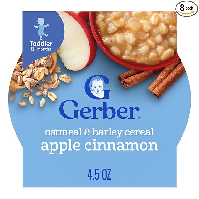 Gerber Oatmeal and Barley Apple Cinnamon Cereal, Toddler Oatmeal, Iron, Whole Grains, 8PK