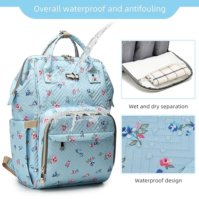 Diaper Bag Backpack for Women, Baby Bags for Girls,Diaper Bag with Changing Pad, and Insulated Pockets-Blue Flowers
