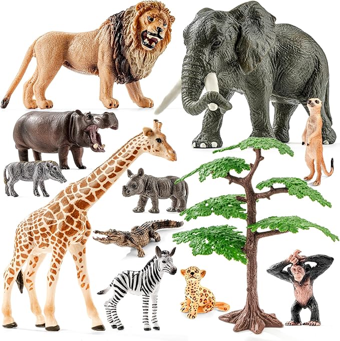 12PCS Realistic Safari Animals Figures Learning Toys Set, Large African Animal Toys, Wild Zoo Animal Toys, Educational Playset Toys for Boys Girls, Birthday Gift for Toddlers Kids