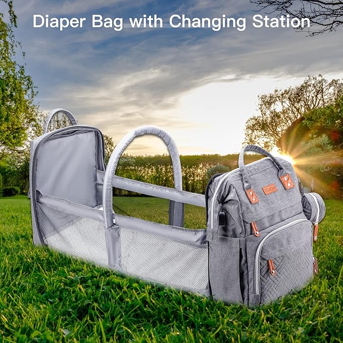 Diaper Bag Backpack with Changing Station, Large Diaper Bag, Baby Bag, Multifunctional Diaper Bag, Gray
