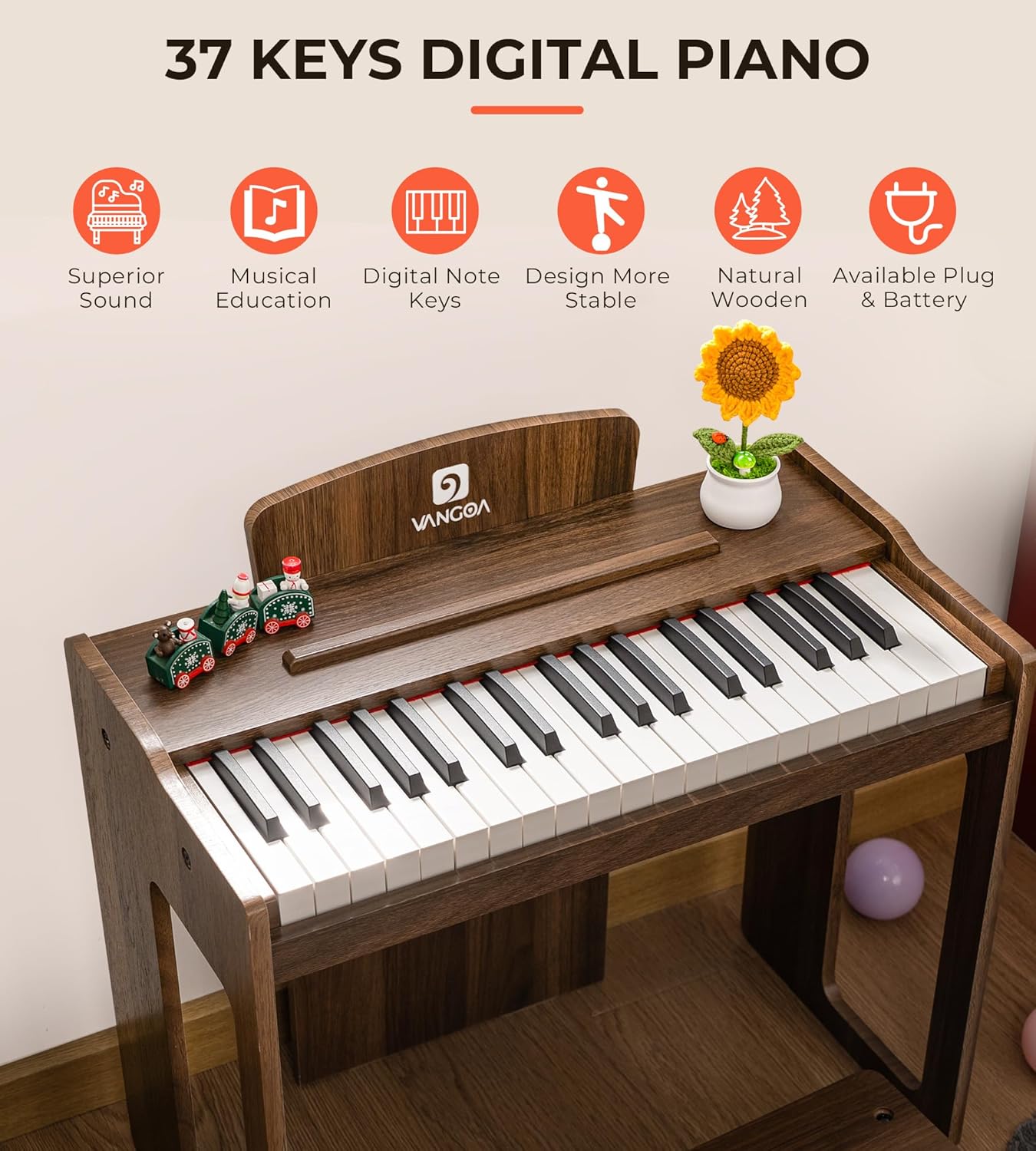 Vangoa Kids Piano Keyboard, 37 Keys Digital Piano for Kids, Music Educational Instrument Toy, Wood Piano for Girls and Boys, Dark Brown