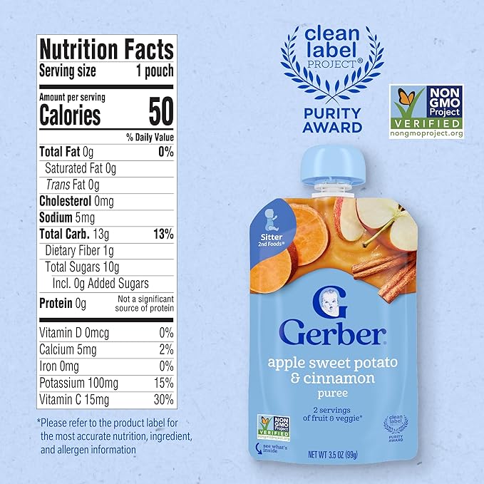 Gerber Stage 2 Baby Food, Apple Sweet Potato Cinnamon Puree Pouch, 2 Servings of Fruit & Veggie, No Added Sweetener, No Artificial Colors or Flavors, 12-Pack