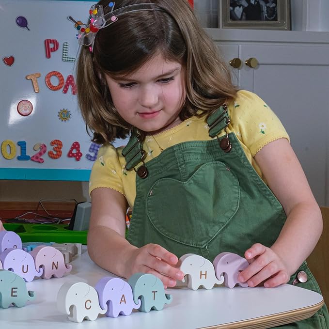 Montessori Natural Wooden Alphabet Elephants - 26-Piece Snap-Together ABC Learning Toy with Upper & Lowercase Letters - Educational Fine Motor Skills & Vocabulary Building for Toddlers & Kids Ages 3+