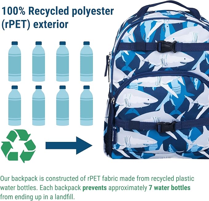 Wildkin ECO rPET 15-inch Kids Backpack – Sustainable, Padded, Adjustable – Sharks