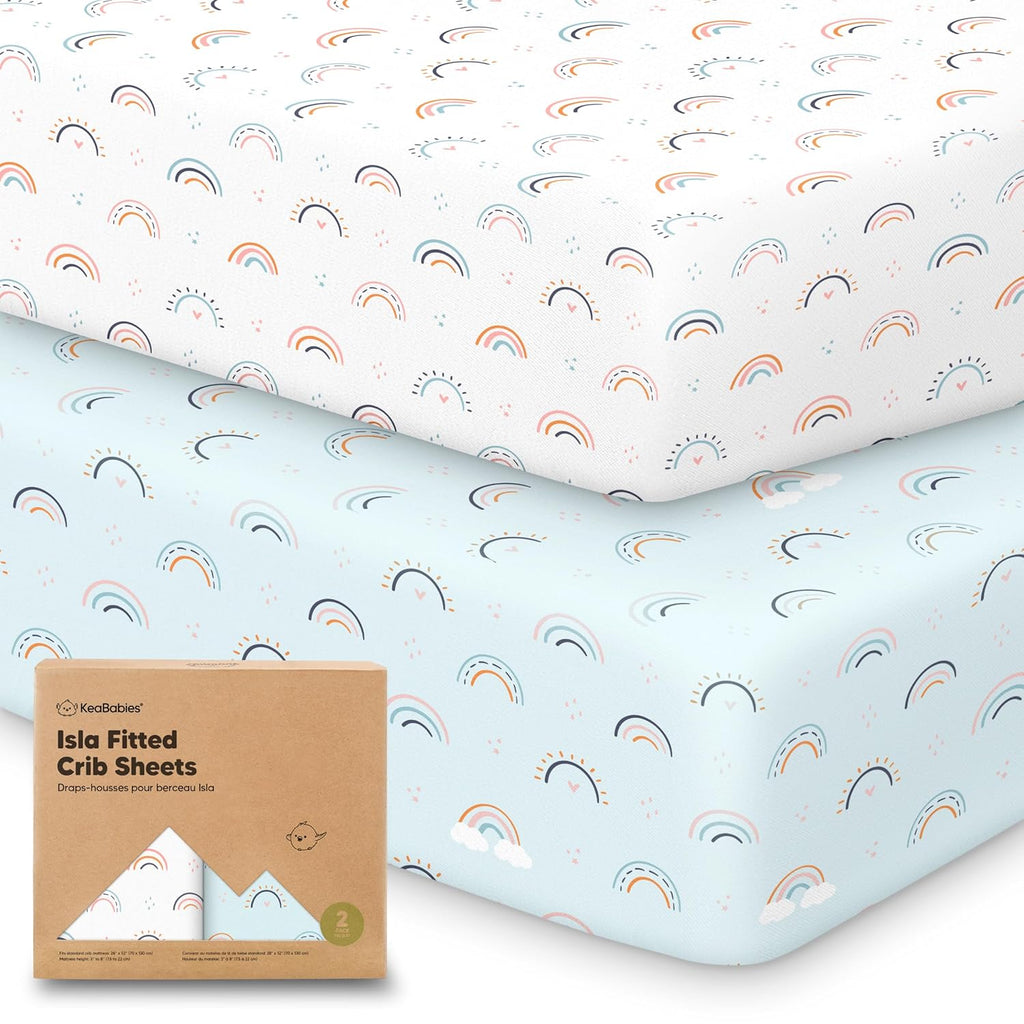KeaBabies 2-Pack Baby Crib Sheets for Boys, Girls - 52x28 Viscose Derived from Bamboo Toddler Bed Sheets Neutral, Fitted Crib Mattress Cover for Standard Baby Bedding, Soft & Cozy (Jolly Rainbow)