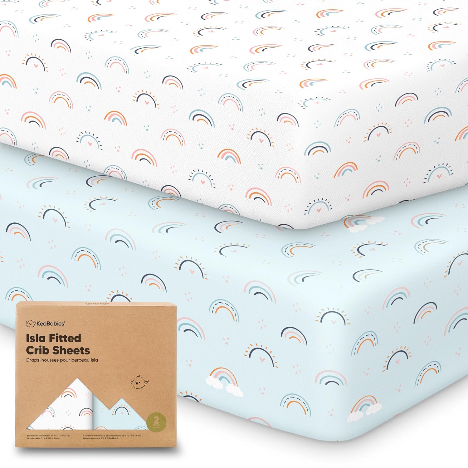 KeaBabies 2-Pack Baby Crib Sheets for Boys, Girls - 52x28 Viscose Derived from Bamboo Toddler Bed Sheets Neutral, Fitted Crib Mattress Cover for Standard Baby Bedding, Soft & Cozy (Jolly Rainbow)