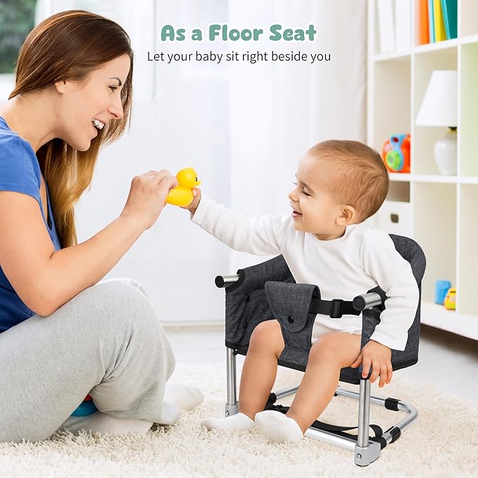 Booster Seat for Dining Table: Portable Toddler Booster Chair with Safety Buckle and Height Adjustable, Foldable Baby Feeding Chair, Kids High Chair Booster Seat for Kitchen Home Travel - Black