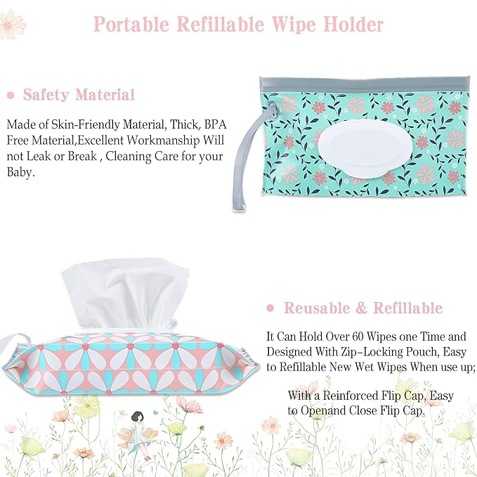 FEBSNOW 4 Pack Baby Wipe Dispenser, Portable Refillable Wipe Holder, Baby Wipes Container, Wipe Dispenser, Reusable Travel Wet Wipe Pouch (Floral)