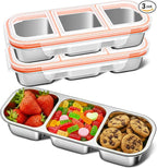 QCQHDU Snack Containers, Reusable Stainless Steel 3 Compartment Condiment Metal Bento Lunch Box with Lids, Divided Snack Food Storage Lunchable Containers for Home, Work, Travel, Camping, 3 Pack