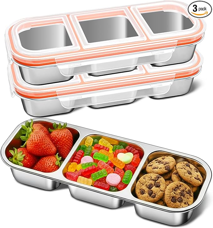 QCQHDU Snack Containers, Reusable Stainless Steel 3 Compartment Condiment Metal Bento Lunch Box with Lids, Divided Snack Food Storage Lunchable Containers for Home, Work, Travel, Camping, 3 Pack
