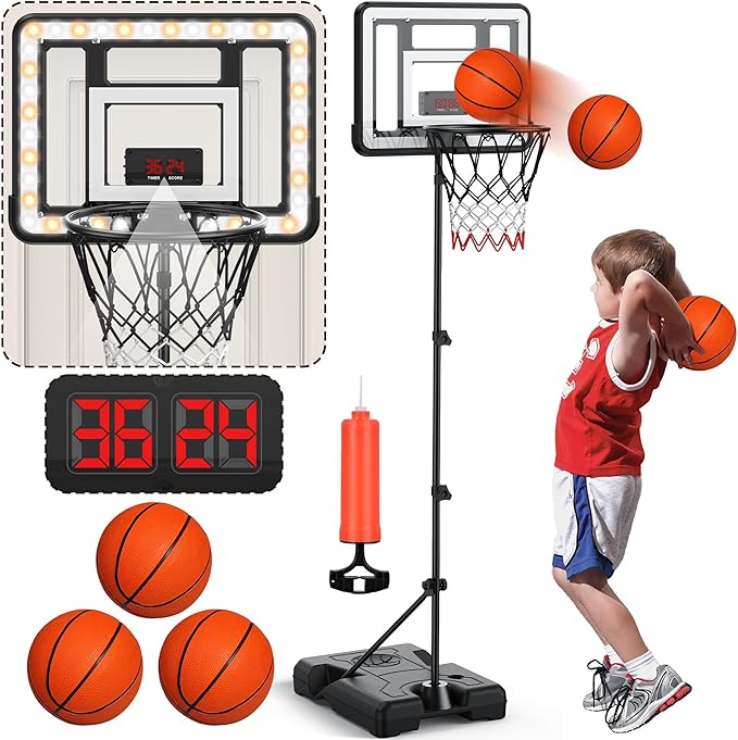 Kids Indoor Basketball Hoop with Scoreboard & Timer,Toddler Adjustable Height Basketball Goal Toy for Outdoor Backyard,Sports Game Play
