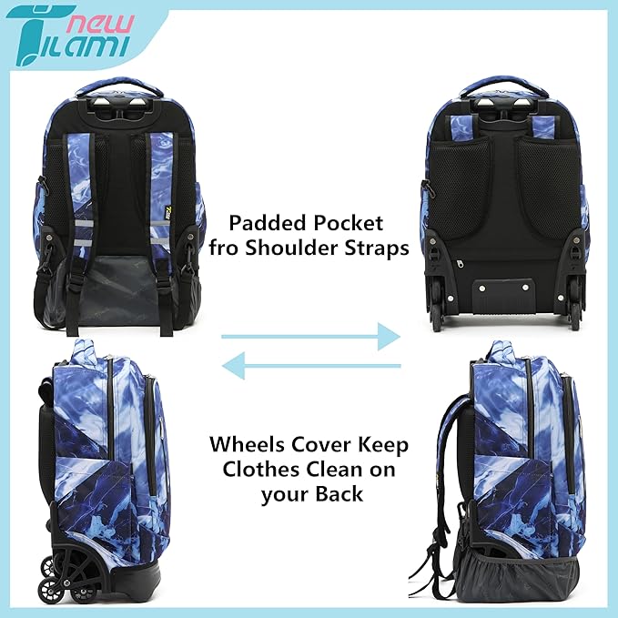 NEW TILAMI 18 inch Rolling Backpack Boys for School – Durable, Waterproof, Adjustable Handle, Stair Climbing, Variety of Colors & Patterns, Lightning Purple